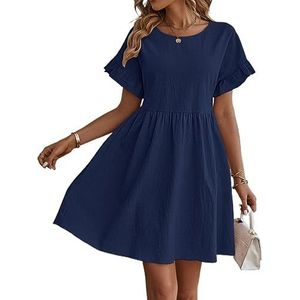jurken voor dames Effen gesmokte jurk met uitlopende mouwen - Leuke casual A-lijn jurk met korte mouwen (Color : Navy Blue, Size : XL)