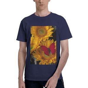 CKGODGF Gele zonnebloemen met rode vlinderprint heren katoenen T-shirt, casual en comfortabel korte mouw, geschikt voor fitness en dagelijks gebruik, Donkerblauw, S