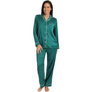 Satijnen lange pyjama voor dames, zomer, tweedelige pyjama voor dames, zijden pyjama, Groen, 46-48