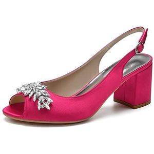 SYDZSW Bruidsschoenen Hoge Hakken Dikke Satijn Ivoor Sandalen Bruidsband met Strass 35-43, Roze, 35 EU