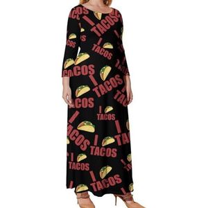 I Love Tacos Graphic Plus Size Jurk Voor Vrouwen Casual Lange Mouw Maxi Jurken