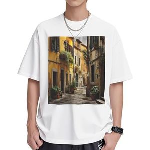 Italiaanse Old Street Print Dames Katoenen T-shirts Casual Korte Mouw Tuniek Tops Ronde hals Zomer Basic Loose Fit Tee, Wit, S