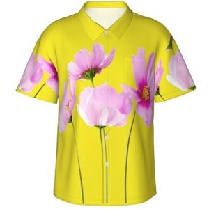 EdsfFehs Hawaiiaans herenshirt met roze bladerprint en bloemenprint, licht, ademend, korte mouwen met voorzak (S-3 ml), Zwart, S