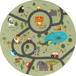 The Carpet Happy Life Speelkleed, tapijt voor kinderkamer, wasbaar, verkeersmat met straten, jungle, dieren, auto‘s, rond, groen, 160 x 160 cm