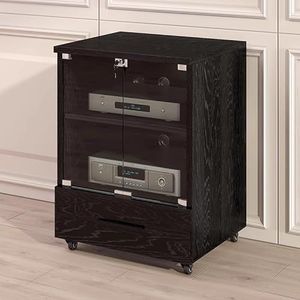 PP-Vic Stereokast Van Massief Hout Met Glazen Deur Mediastandaard Audiorek Met Wielen Opbergkast Voor Stereocomponenten AV-Kast Met Projector DVD-Speler Gameconsole Kabelbox,77cm black