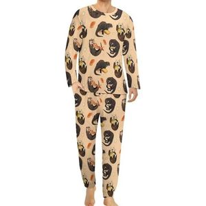 Kleine otters en hun sushi, comfortabele herenpyjama, set met ronde hals, lange mouwen, loungewear met zakken, S