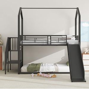 Idemon Stapelbed, 90 x 200 cm, ijzeren framebed met schuiftrap, huismodellering, stabiel en betrouwbaar, zwart