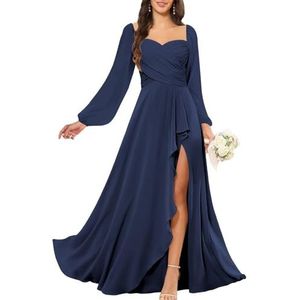KURFACE Bruidsmeisjesjurken met lange mouwen en split voor dames, geplooid, chiffon, bruidsmeisje, vloerlengte, formele feestjurk, Donkerblauw, 32