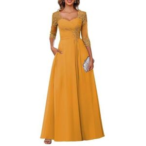 Dames chiffon moeder van de bruid jurk voor bruiloft ruches galajurken cocktailjurk plus size, Mosterd Geel, 32