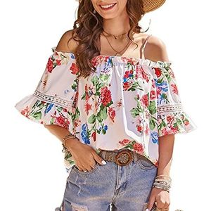 Dames Blouse, Dames Blouse Zomer Boho Witte Bloemenprint Off Shoulder Tops Shirts Sexy Ruches Half Mouw Shirts Tuniek Tops Stijlvolle Losse Strand T-Shirts Voor Dames Meisjes,L