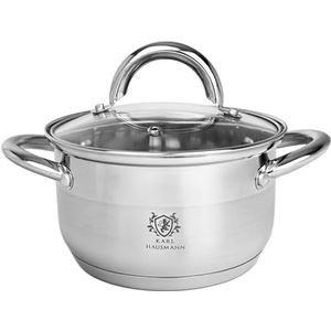 Kookpan inductie, 14 cm, 1,3 l, roestvrij staal, pan met glazen deksel, geschikt voor alle warmtebronnen, handvat niet heet, pan als soeppan, pastapot, spaghettipan