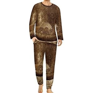 Metalen koperen tandwielen patroon comfortabele heren pyjama set ronde hals lange mouw loungewear met zakken XL