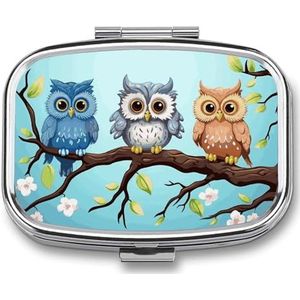 Uilen op een tak, pillendoos, vierkant pillendoosje met 2 vakken, met spiegel, metalen pillenorganizer, pillendoos, mini-medicijnopbergdoos voor zakportemonnee