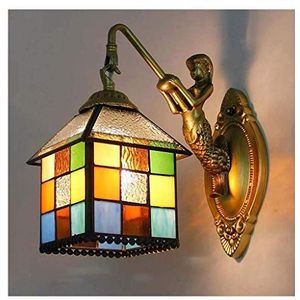 Wandwandlamp Met Gebrandschilderde Lampenkap, Rustieke Interieurdecoratie, Hars/legeringhaken, Creatief Klein Huis En Smeedijzer Rug
