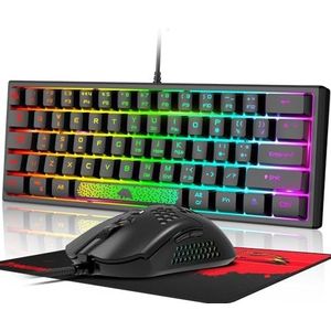 LexonElec K61-60% Compact Gaming Toetsenbord En Muis PC Set Mechanisch Gevoel Mini QWERTY UK Layout Ergonomisch RGB Verlicht Keyboard - 12000 DPI Ademend LED Ultralicht Honeycomb Mouse Voor Mac