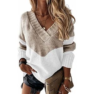 GYQWJPC Trui Womens Truien Trui Casual Lange Mouwen Winter Patckwork Kleur Losse Gebreide Trui Tops Dames trui (Kleur: Kaki, Maat: M)