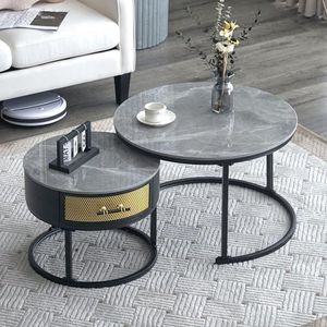 I0I&I0I Elegante tweedelige salontafelset - plaat van grijze marmeren plaat en laden van massief hout, passend bij grijs en zwart (ronden 2)