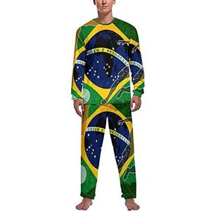 Voetbal Braziliaanse vlag zachte heren pyjama set comfortabele lange mouwen loungewear top en broek geschenken S