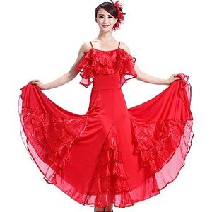 Yhsgscr Ballroom Big Swing Rok Moderne Dansjurk voor Dames Banketdanskleding Nationale Standaard Trainingsoutfit Tango Foxtrot Kleding met Gerimpelde Kraag,Rood,3XL