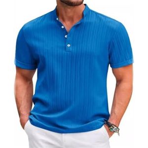 Casual Overhemden Met Korte Mouwen For Heren, Overhemd, Bandkraag, Zomerstrand, Getextureerde Overhemden(Color:Navy blue,Size:3XL)