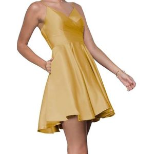 WSEYU Spaghetti Strap Satijn Bruidsmeisje Jurk Bruiloft V-hals Korte Homecoming Jurk Prom Dress, Goud, 58