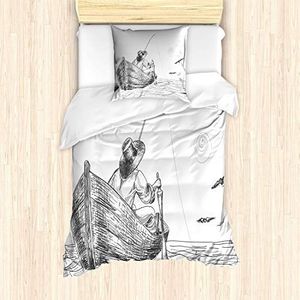 ABAKUHAUS meeuwen Dekbedovertrekset, Visser op de boot Sketch, Decoratieve 2-delige Bedset met 1 siersloop, 135 cm x 200 cm - 80 x 80 cm, Charcoal Grey White
