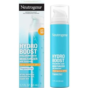 Neutrogena Hydro Boost Hyaluronic Acid Gezichtsmoisturizer met Broad Spectrum SPF 50 Sunscreen, dagelijkse watergel gezichtsmoisturizer om te hydrateren en droge huid te hydrateren, geurvrij, 50 ml