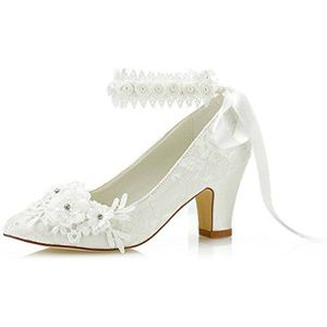 JIAJIA 62311B Vrouwen Bruids Schoenen Gesloten Teen 7cm Halfhoge Hak Lace Satijn Pompen Bloem Trouwschoenen Kleur Ivoor,Grootte 37 EU