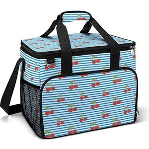 Kersenpatroon met blauwe strepen grappige koeltas opvouwbare draagbare geïsoleerde zakken lunch draagtas met meerdere zakken voor strand, picknick, camping, werk