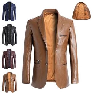 WINDEHAO Leren blazer voor heren, echt lamsvacht, casual revers-pasvorm, 2-knoopsjack, slim zakelijk pak, blazers, slim motorjack, Bruin, L