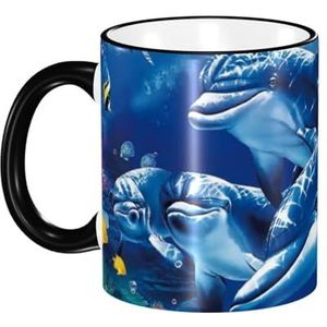 Mok, 330 ml keramische kop koffiekop theekop voor keuken restaurant kantoor, zeeleven blauwe zee wereld koraal dolfijn