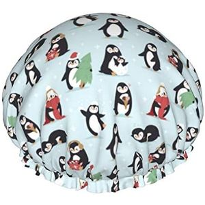 Leuke pinguïns douchemuts herbruikbare badhaarkap dubbellaags waterdichte badmuts voor dames, mannen, kinderen, spa of salon