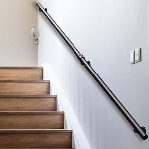 Moderne zwarte leuning voor trappen (30-600 cm) - Complete set. Industriële trapleuningen van ijzer, wandgemonteerde metalen smeedijzeren handgrepen, veiligheidsstang voor gangen en zolders.(420cm)