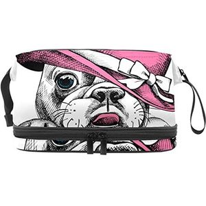 Grote capaciteit reizen cosmetische tas,Leuke hond dragen roze hoed,Make-up tas,Waterdichte make-up tas organisator, Meerkleurig, 27x15x14 cm/10.6x5.9x5.5 in