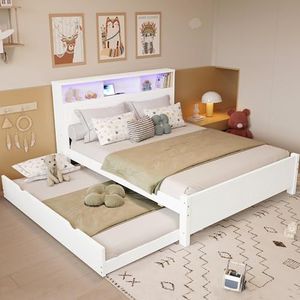Doyisy Tweepersoonsbed, plat bed, familie-splitbed, met omgevingslichtstrips, ingebouwde laadbus, met uittrekbaar bed, hoofdeinde opslag, grenen + MDF, wit, 120 x 200 en 90 x 190 cm