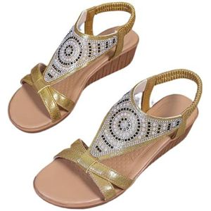 Damessandalen Met Strass 2024 Nieuwe Bohemen Sandalen PU-leer Romeinse Sandalen Retro Sleehak Slippers Zomer Peep Toe Slippers Vrijetijdsstrandschoenen(Gold,37 EU)