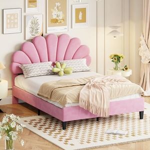 Aunvla Gestoffeerd tweepersoonsbed, 140 x 200 cm, bedframe met bloemenvormig hoofdeinde en lattenbodem, volwassenen jeugdbed in huidvriendelijk fluweel, roze logeerbed