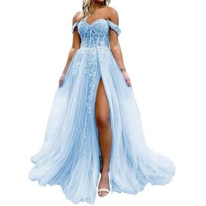HPPEE Dames off-shoulder galajurken met split kant applicatie glitter tule formele jurk lange baljurk, Lichtblauw, 32