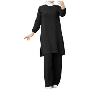 UPPJPBSW Muslim Vrouwen Plus Size Linnen Lounge Set - 2-Delige Outfit met Losse Lange Mouwen en Broek met Split Zoom,zwart,3XL