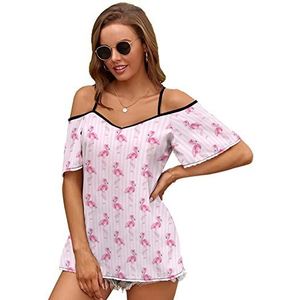 Tropische flamingo en roze strepen vrouwen blouse koude schouder korte mouw jurk tops t-shirts casual t-shirt M
