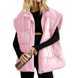 Wintervest Gewatteerd Donsvest Opstaande Kraag Rits Mouwloos Jack Winterlicht Vest Warme Katoenen Jas Mouwloos Vest(Pink,XXL)