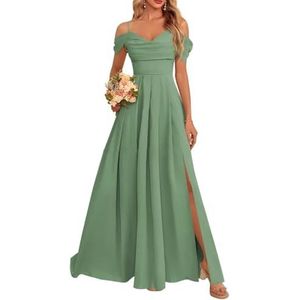 Dames chiffon bruidsmeisjes jurken met split lange galajurken ruches cocktailjurk plus size, Dusty Groen, 32