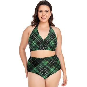 Groen Gevoerd Buffalo Grid Plaid Vrouwen Bikini Sets Plus Size Badpak Twee Stukken Hoge Taille Strandkleding Meisjes Badpakken, Pop Mode, L