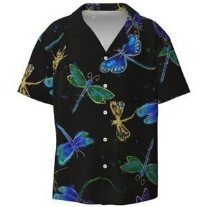 TyEdee Dragonfly Print Overhemden met korte mouwen voor heren, met zak, casual overhemd met knopen, Zwart, XXL