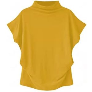 Half Turtleneck Doll Sleeve T-Shirt, Women's Casual Mock Neck Ruffle Short Sleeve Summer Blouse Shirt Top (M,Yellow)