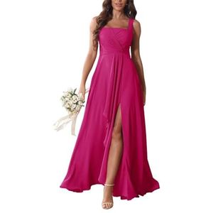 KURFACE Chiffon bruidsmeisjesjurken met split ruches lange bruidsmeisje vloerlengte formele avondjurk, Fuchsia, 32