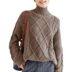 Dames wollen trui coltrui comfortabel woon-werkverkeer losse luie trui winter ondershirt, Donker Khaki9, Eén Maat