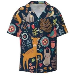 OdDdot Uil konijn vogel vos print heren button down shirt korte mouw casual shirt voor mannen zomer business casual overhemd, Zwart, 4XL