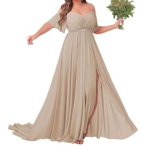 Off-shoulder bruidsmeisjes jurken met mouw - chiffon grote maten formele jurk, Taupe, 32