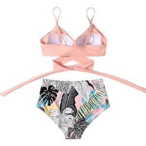 Bikiniset voor dames, gestreepte print, gewatteerd, 2-delig, bikiniset, badpakken, strandkleding, roze, L